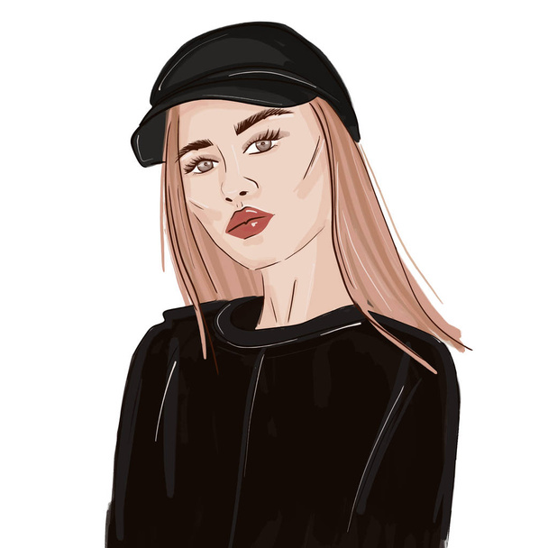 Sport look fashion woman illustration. Swag stylish beauty portrait. Runaway girl trendy sketch. Stylish magazine young person poster. - Vecteur, image