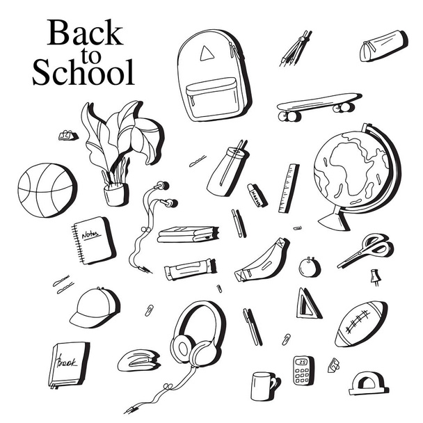 Back to school sketch elements. Black white education equipment: pen, notebook, calculator vector illustration. Student  drawing concept. Classroom objects poster. - Vector, Image