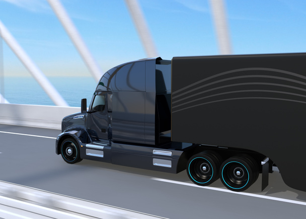 Vue arrière du camion américain à pile à combustible noir qui roule sur l'autoroute. Image de rendu 3D
. - Photo, image
