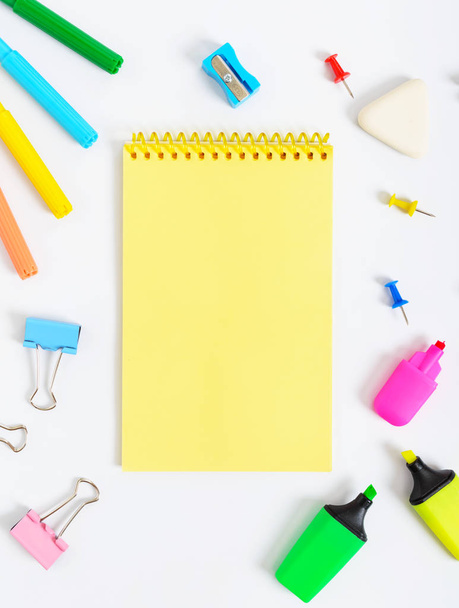 School accessories on a white background. Back to school concept. Office and student supplies. Free space for your project. The top view. Flat lay. - Φωτογραφία, εικόνα
