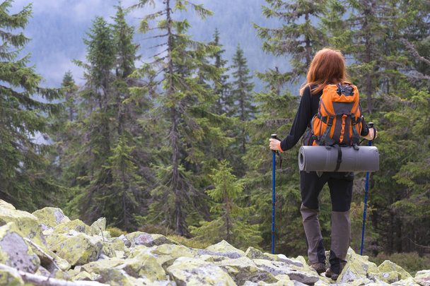 camping trip. girl hiker at the Carpathians mountains. gorgany, Ukraine - 写真・画像