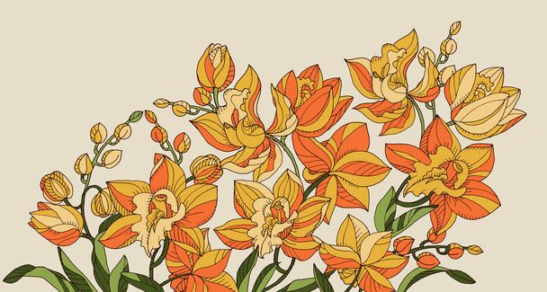 Ręcznie rysowane konspektu żółte kwiaty orchidei  - Wektor, obraz