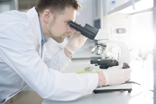 Πλευρά προβολή πορτρέτο του επιστήμονα που ψάχνουν στο μικροσκόπιο ενώ κάνει έρευνα σε ιατρικό εργαστήριο - Φωτογραφία, εικόνα