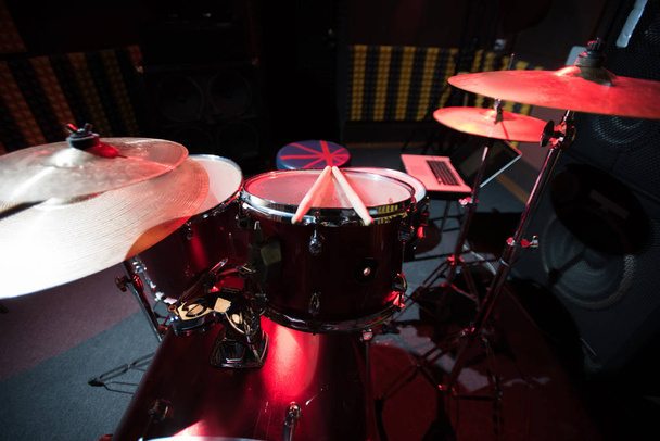 Background of modern profession drum set in empty  recording studio - Photo, Image