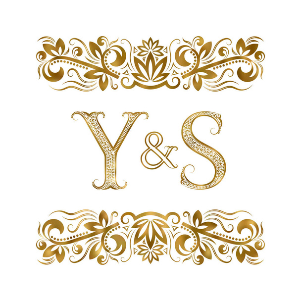 Y és S Monogram vintage logó. A betűk körül díszitó-kiképzési elemek. Esküvő, vagy üzleti partnerek monogram királyi stílusban. - Vektor, kép