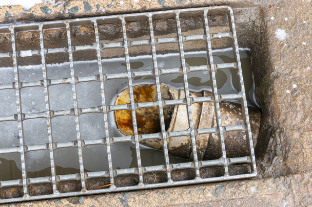 Een wit waterpijp in een afvoer waar water wordt verzameld en gekanaliseerd in de afvoer - Foto, afbeelding