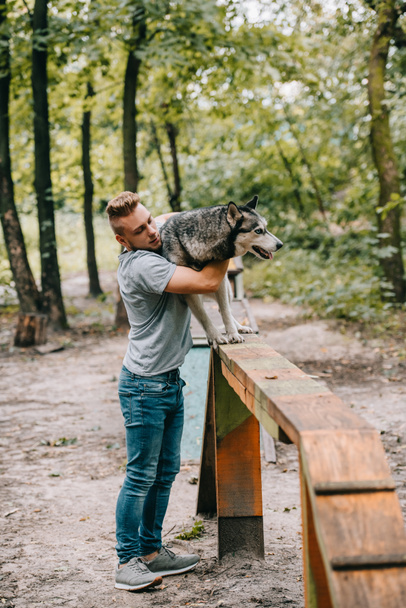 cynologist training with husky on dog walk obstacle - Fotografie, Obrázek