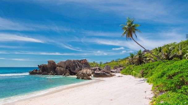 Kauniita kiviä trooppisella rannalla, La Digue, Seychellit. Kesäloma ja matka käsite
.   - Valokuva, kuva