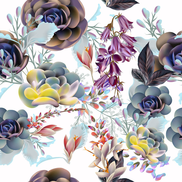 Fashion vector pattern with succulent plants and flowers - Wektor, obraz