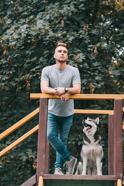 schöner Mann steht mit Husky-Hund auf Treppe  - Foto, Bild