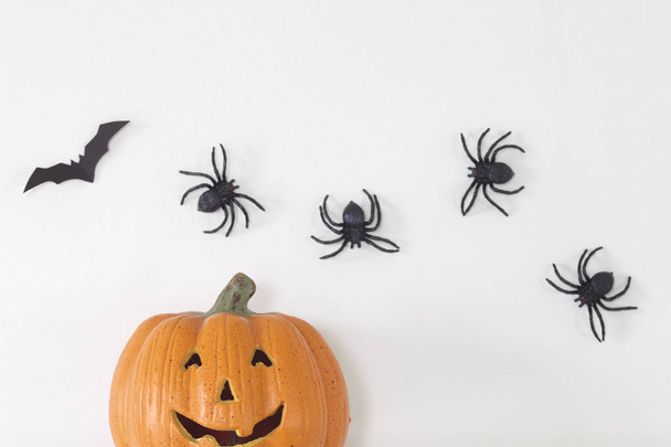 Decorações para casa de Halloween com aranhas e morcego no fundo da parede branca, conceito mínimo, Flat lay, vista superior, luz natural
 - Foto, Imagem