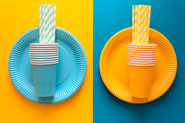 Table setting with paper ware for summer picnic or BBQ. Top view. Flat lay. - Foto, afbeelding