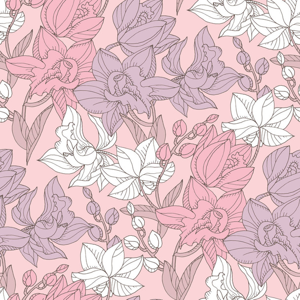 Hand drawn realistic orchid floral seamless pattern - Vector, Imagen