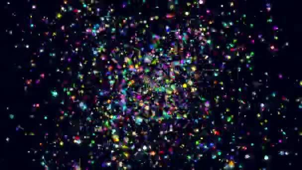 Αφηρημένη επιστημονική υπολογιστή κινούμενα σχέδια με τρισδιάστατη απόδοση των αντικειμένων στο χώρο χρωματιστό σωματιδίων σε μαύρο φόντο - Πλάνα, βίντεο