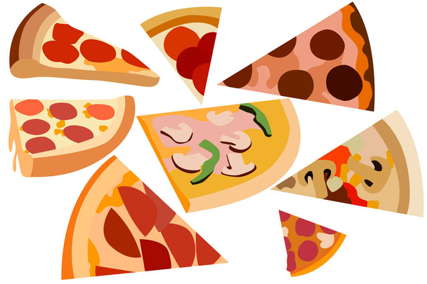 Darab pizza különböző kolbász töltelék, hús, sajt, gomba, stb. - Vektor, kép