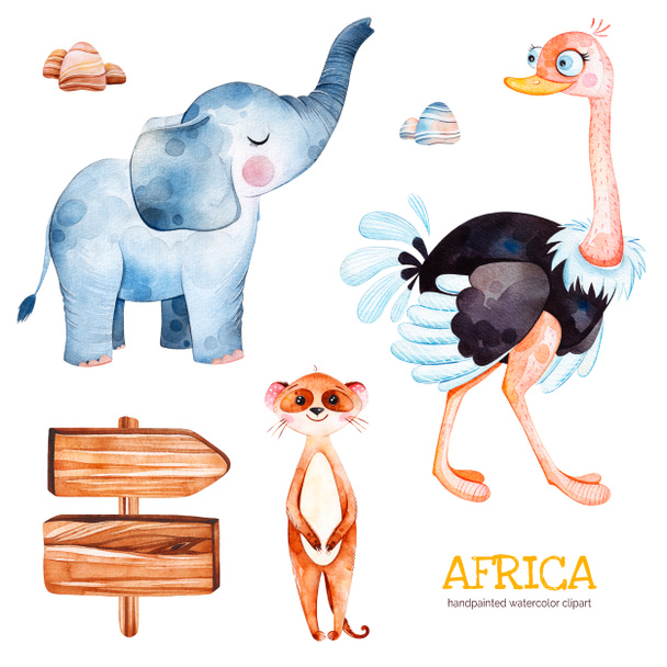 Safari-Kollektion mit niedlichen Straußen, Erdmännchen, Elefanten und Steinen - Foto, Bild