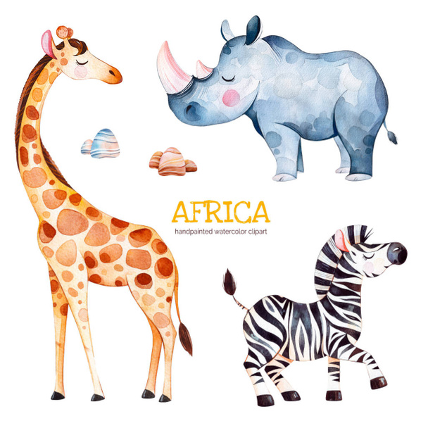 Safari-Sammlung mit Giraffe, Nashorn und Zebra, Aquarell-Illustration - Foto, Bild