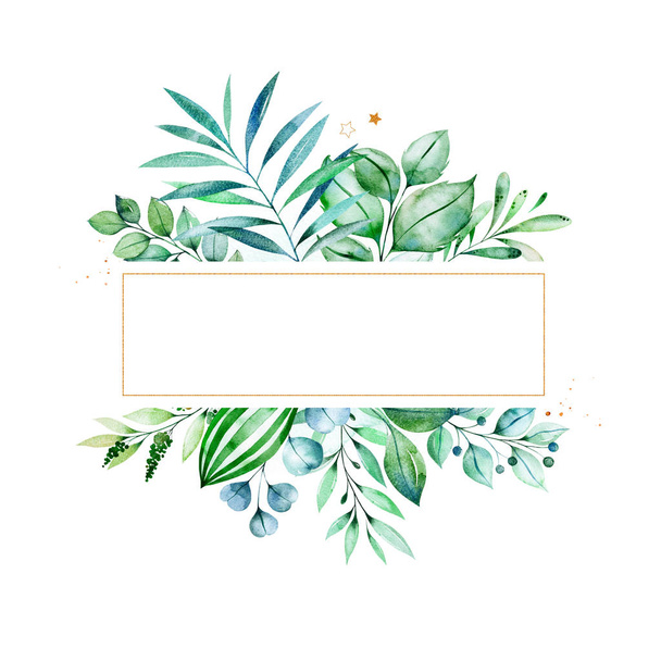 Watercolor frame border with green leaves - Photo, Image
