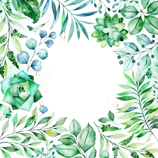 Watercolor green floral frame with palm leaves, branches, berries - Foto, Imagem
