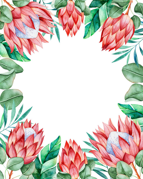 Lovely invitation card. Pre-made frame border with king protea and tropical leaves. - Фото, изображение