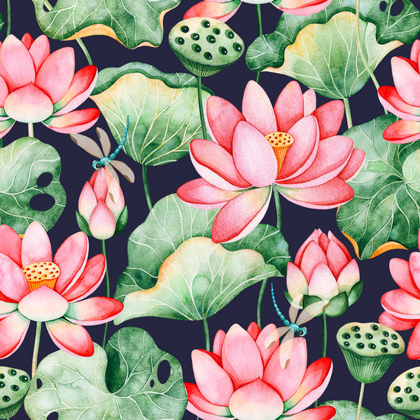 Akvarelu textura Lotus. Bezproblémové vzorek na tmavém pozadí s lekníny a vážky - Fotografie, Obrázek