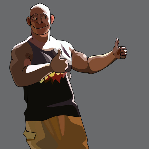 cartoon smiling muscular man approvingly showing thumbs up in the side light - Vetor, Imagem