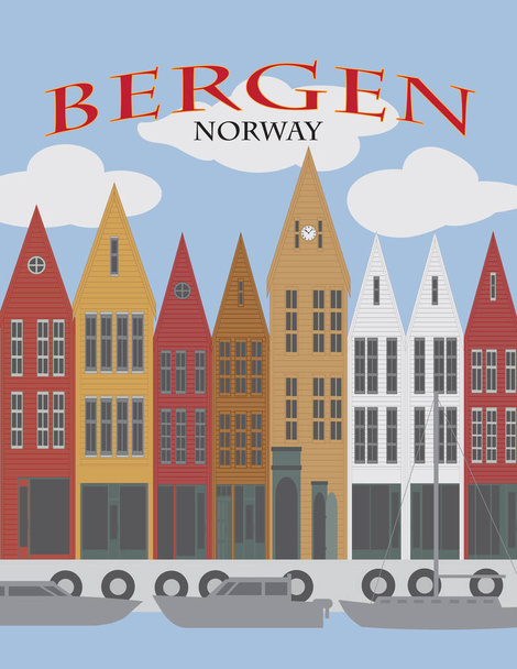 Bergen Noruega centro de la costa coloridas casas de madera distrito comercial cartel vector ilustración
 - Foto, imagen
