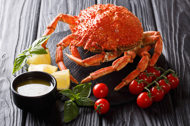 beau menu bouilli crabe araignée est servi avec tomate, citron et beurre fondu gros plan sur un tableau noir. horizonta
 - Photo, image