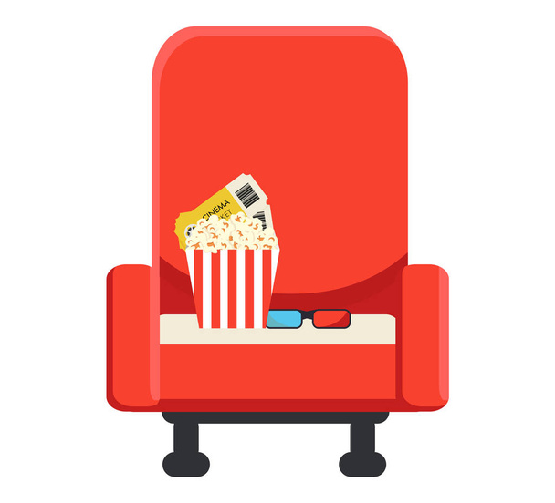Fotel, egy mozi pattogatott kukorica és jegyek - Vektor, kép