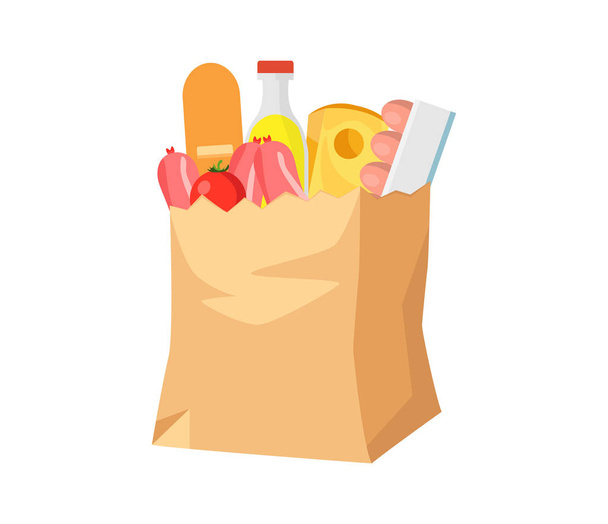 Papieren tas met voedsel. Boodschappen - Vector, afbeelding