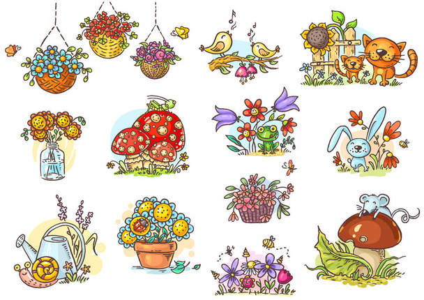 Pequeñas y simples ilustraciones de dibujos animados con animales y flores
 - Vector, Imagen