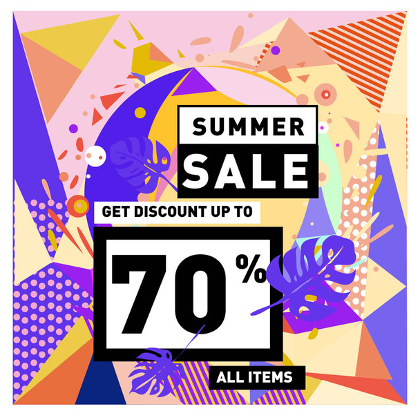 Summer sale memphis style web banner. Fashion and travel discount poster. Vector holiday Abstract colorful illustration with special offer and promotion. - Vetor, Imagem