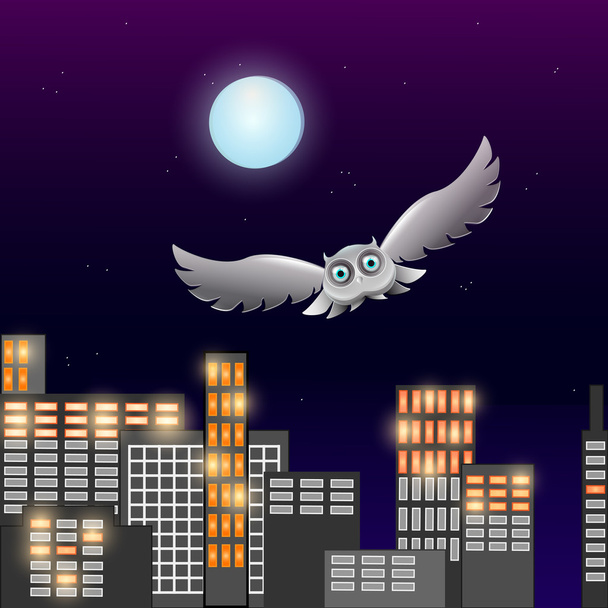 Vector illustration of flying owl in the night sky with moon - Vector, imagen