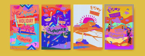 Joukko kesän kuva juliste, kansi, ja mainos. Retro ja vintage kesän suunnittelu kuvitus. Kesäloma tausta malli
  - Vektori, kuva