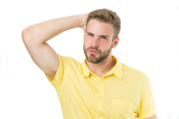 Life without dandruff. Healthy hair. Guy attractive enjoy hairstyle. Man bearded strict face enjoy freshness white background. Man beard unshaven handsome and well groomed touching clean fresh hair - 写真・画像