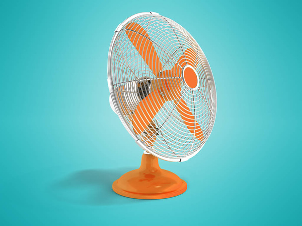 Moderno ventilador de metal naranja para enfriamiento vista frontal de oficina 3D renderizado sobre fondo azul con sombra
 - Foto, Imagen