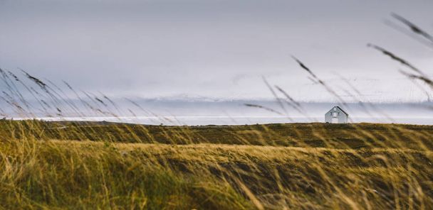 Isländische Landschaften voller grünem Gras, Meer und blauem Himmel. - Foto, Bild