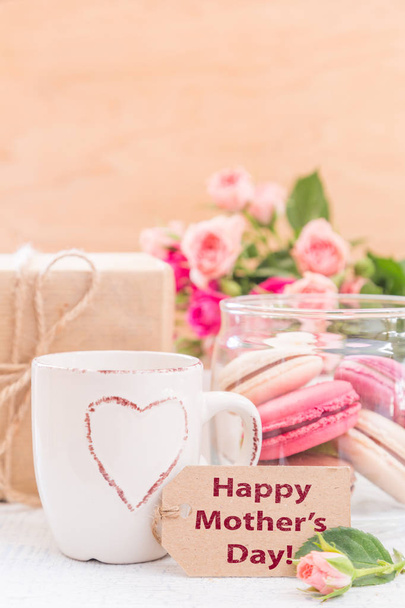 Mothers day card with coffee, present and macaroons - Foto, Imagen