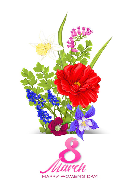 Bouquet of spring flowers for 8 March. Colorful realistic vector illustration - Vektör, Görsel