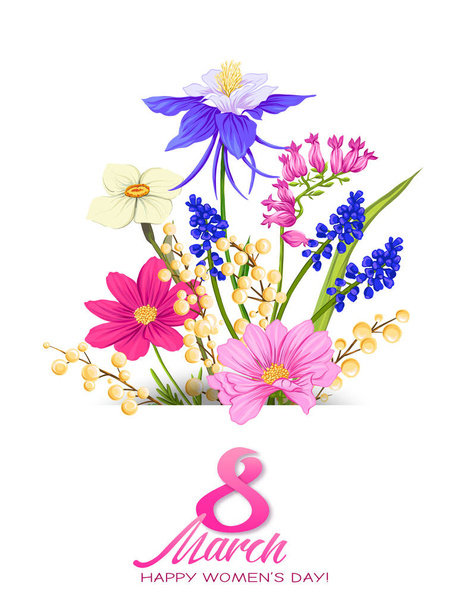 Букет весенних цветов на 8 марта. Красочная реалистичная векторная иллюстрация
 - Вектор,изображение
