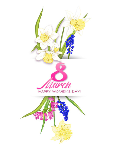Bouquet of spring flowers for 8 March. Colorful realistic vector illustration - Vektör, Görsel