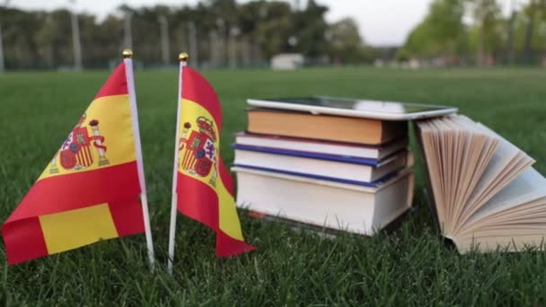 Spanish language and education. Flag of Spain and books on the grass. - Footage, Video