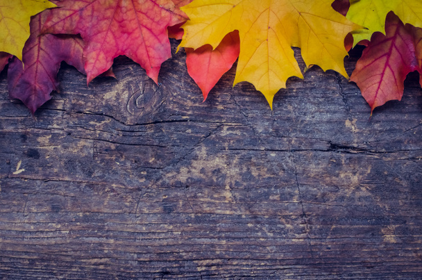 Herbst Hintergrund mit bunten Ahornblättern auf rustikalem Holztisch mit Platz für Text. Dankbarkeit Herbstferien Hintergrundkonzept. Banner mit Herbstblättern. Kopierraum. Ansicht von oben. - Foto, Bild
