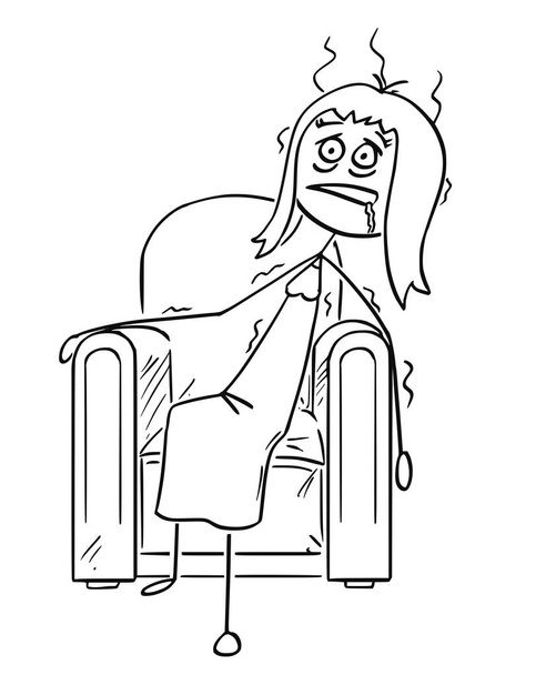 Cartoon of Exhausted Woman Sitting Collapsed in Armchair - Vector, Image