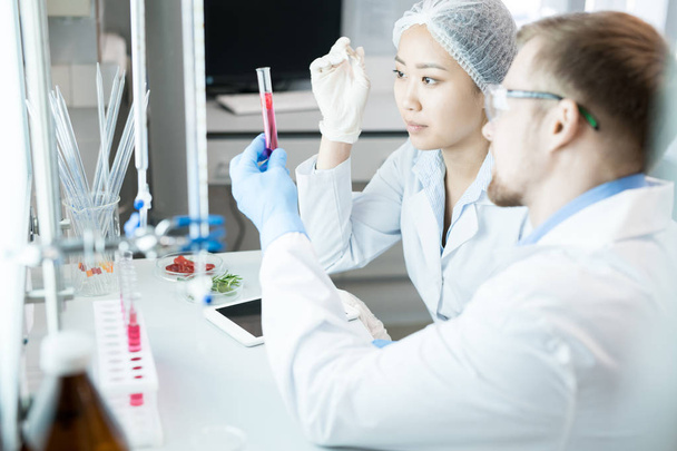 Vista lateral da cultura de jovens cientistas sentados na mesa de laboratório e analisando as propriedades nutricionais da solução em tubo de ensaio
 - Foto, Imagem