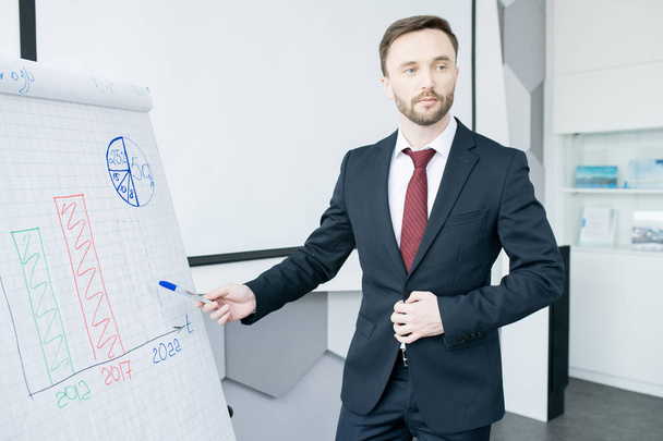 Waist up portrait of handsome businessman  pointing  at whiteboard and explaining marketing strategy  during meeting in conference room - Foto, immagini