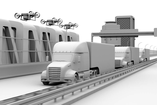 Clay renderowania floty amerykańskie ciężarówki, ciężarowe trutnie, na autostradach. Koncepcja logistyki i transportu. 3D renderowania obrazu. - Zdjęcie, obraz