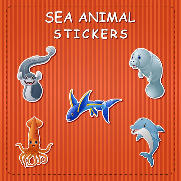 Ilustración vectorial de animales marinos de dibujos animados lindos en la etiqueta
 - Vector, Imagen