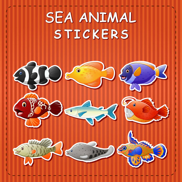 Sevimli çizgi deniz hayvanları etiket vektör çizim - Vektör, Görsel