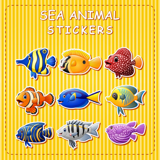 Vector illustration of Cute cartoon sea animals on sticker - Vektör, Görsel